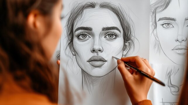 Woman drawing a portrait, multiple sketches