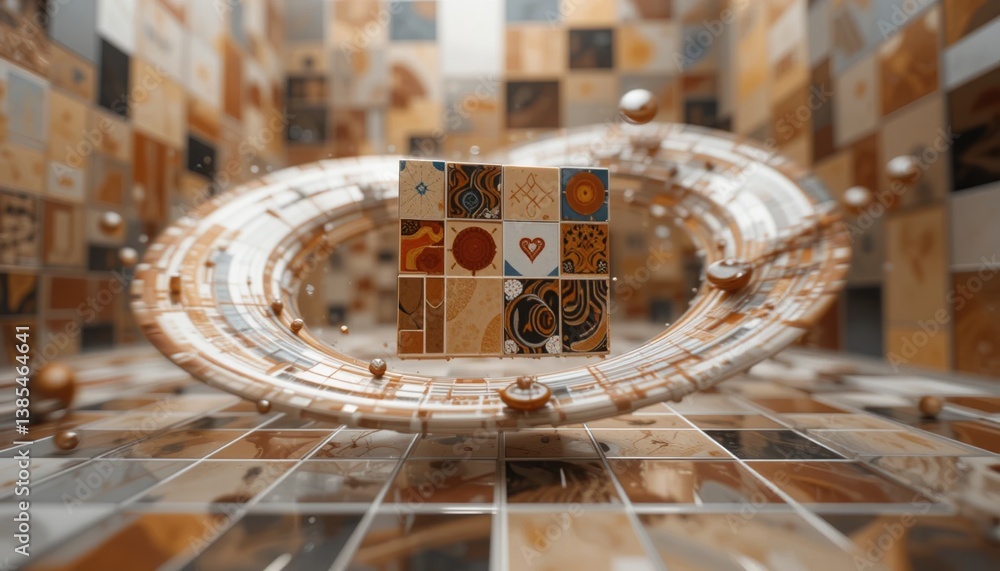 Poster dynamic motion of geometric patterns floating in a textured environment abstract art 3d visualizatio