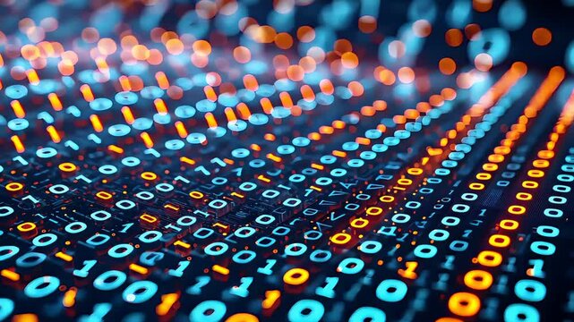 Close up of glowing binary code in blue and orange, digital data stream, futuristic technology background, abstract cyber pattern, light effects