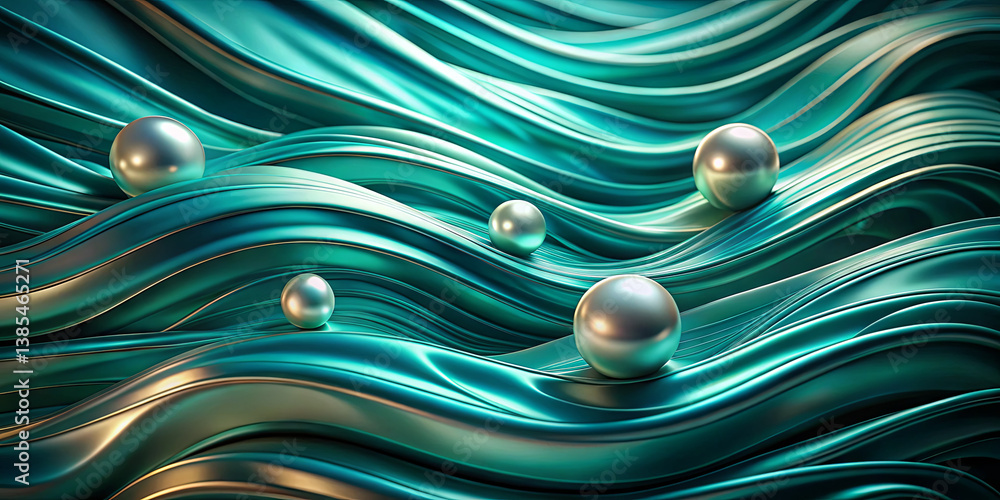 Poster captivating undulating surface in shades of green and teal features glossy pearls scattered across t