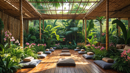 Fototapeta premium Serene Outdoor Yoga Studio With Bamboo Structure And Lush Greenery