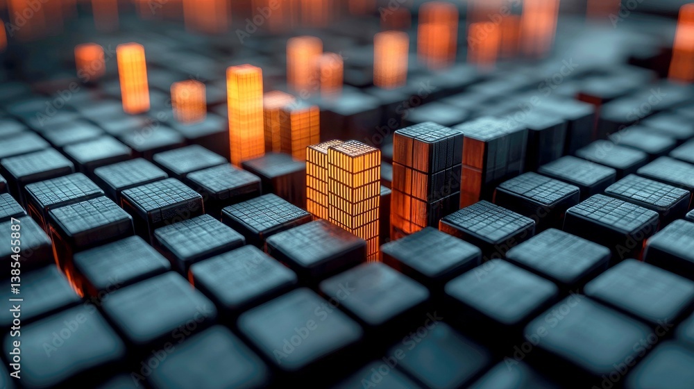Poster abstract cityscape: illuminated geometric structures in a cubic grid. digital 3d render