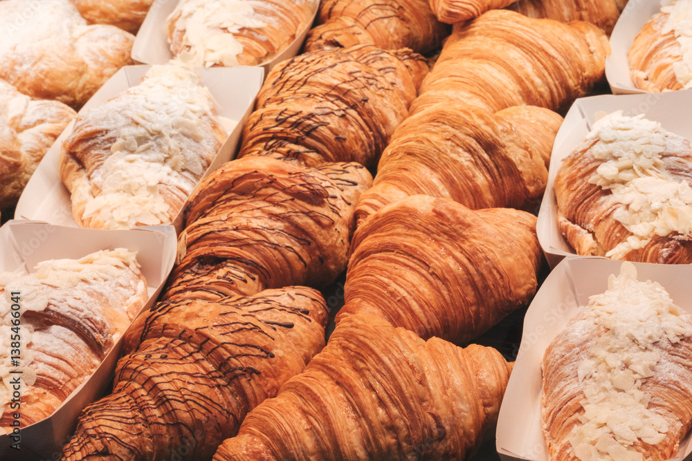 Poster row of croissants with chocolate drizzle and powdered sugar. The croissants are arranged in a display case, with some of them being larger than others