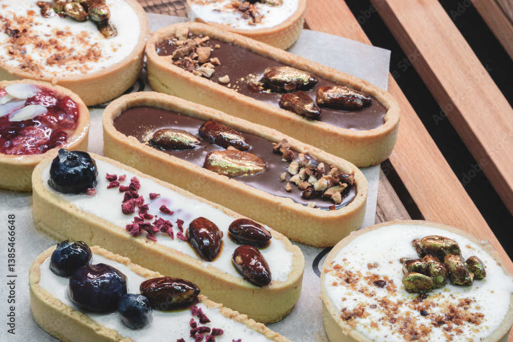 Poster A variety of pastries with nuts and fruit toppings are displayed on a table. The pastries are arranged in a row, with some of them having blueberries and others having almonds