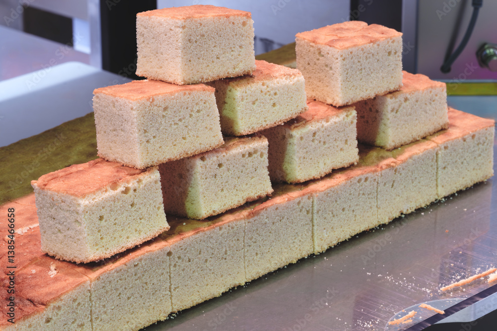Aufkleber A stack of white square cakes on a table. The cakes are cut into small squares and arranged in a pyramid shape. The presentation is neat and organized, giving the impression of a well-prepared dessert