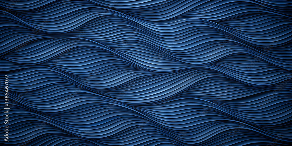 Poster a series of flowing blue patterns form a rhythmic and textured visual, mimicking ocean waves in a se