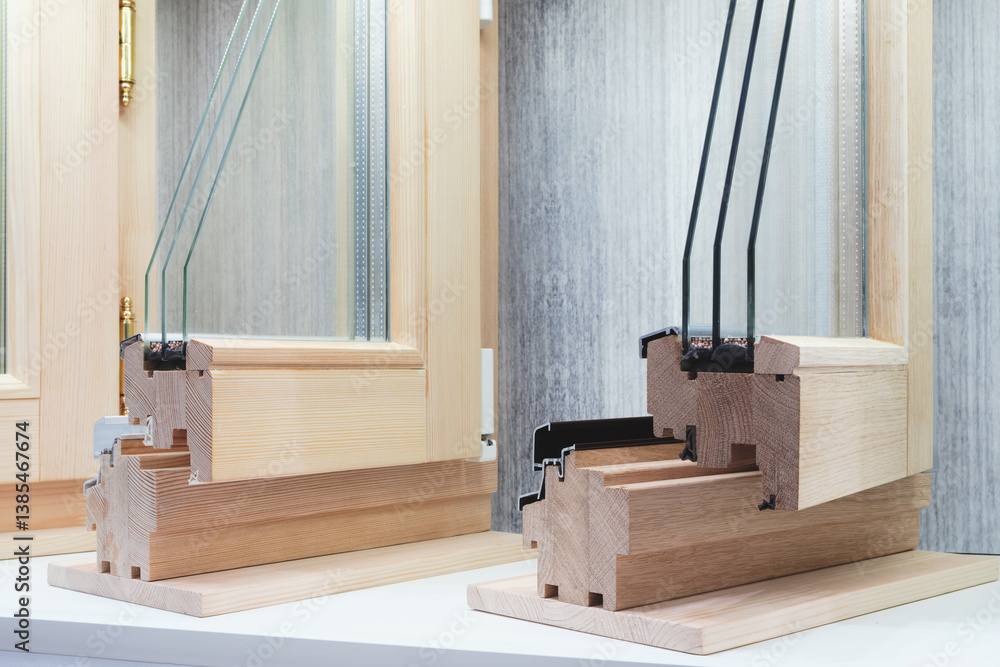 Aufkleber two wooden windows with glass panes are displayed side by side. the windows have a modern design and