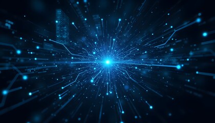 Naklejka premium A futuristic sci fi digital technology concept showing lines connecting various nodes on a network with a background of data graphics and intricate patterns