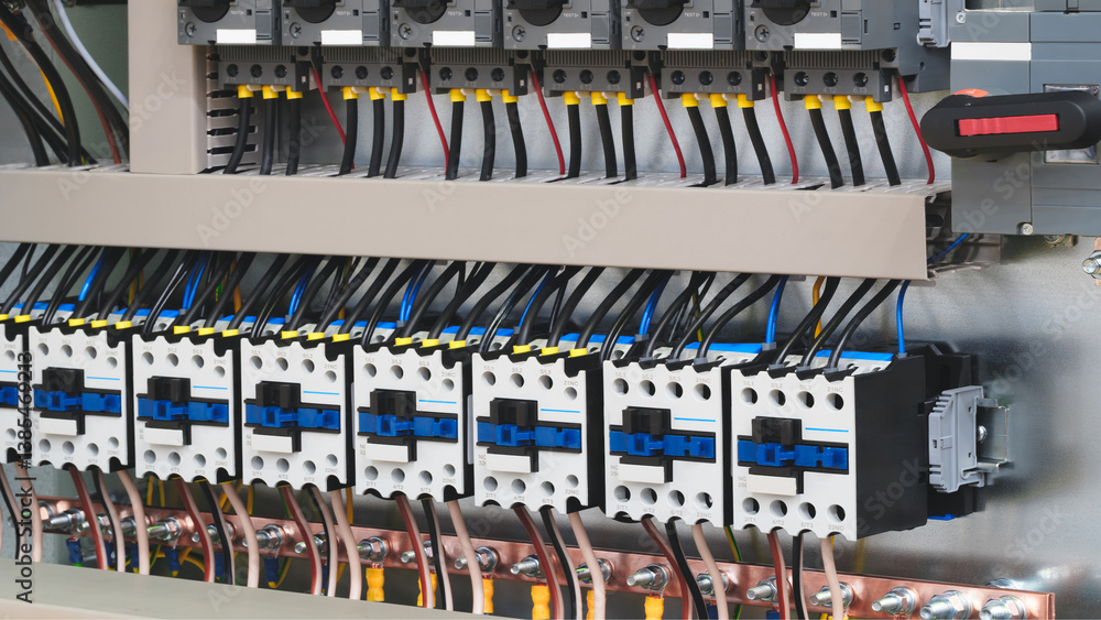 Poster a row of switches are connected to a power source. the switches are blue and white