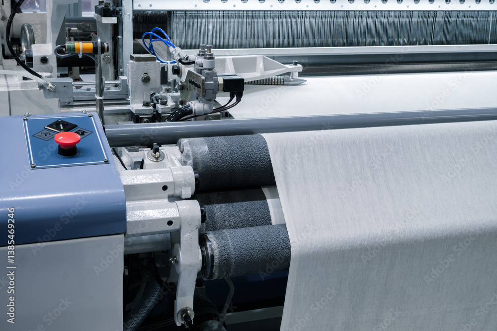 Poster A machine is weaving a piece of fabric. The machine is made up of many parts, including a large metal piece that is connected to a hose