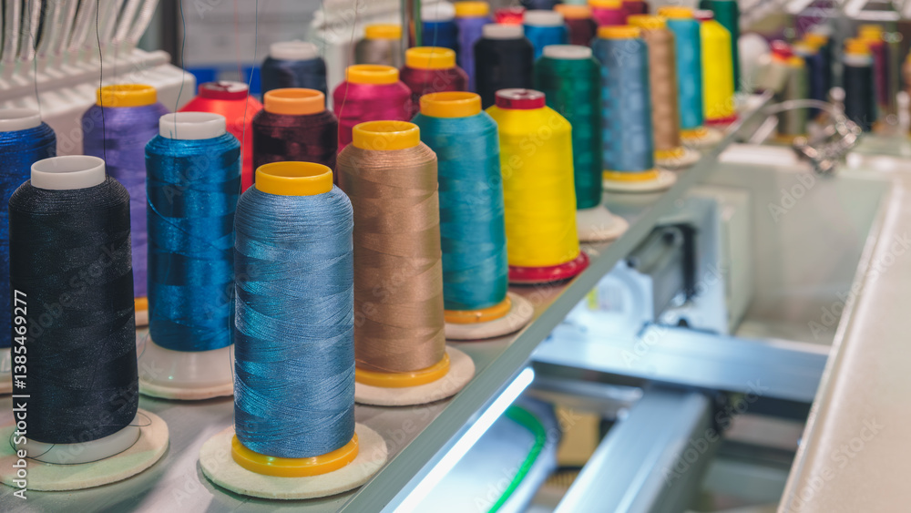Aufkleber a row of colorful spools of thread on a shelf. the spools are of different colors and sizes.