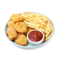 Tasty chicken nuggets and french fries with sauce isolated on white