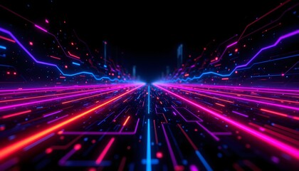 Fototapeta premium A stunning visual composition of vibrant neon colored energy lines, spheres, and pulses set against a sleek black background