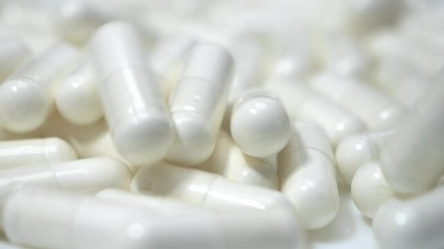 Production of medicines and vitamins in capsules. Medical pills close-up. Health, medical drugs and pharmaceutical business.