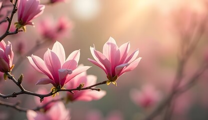 Branch displays pink magnolia flowers bathed in warm soft sunlight