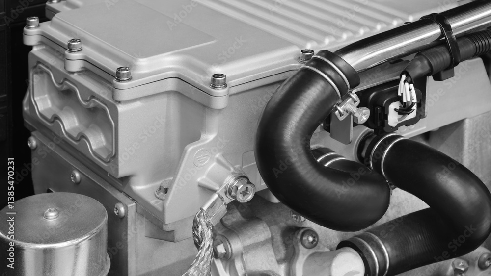 Poster a black and silver engine with a black hose attached to it. the hose is connected to a black pipe