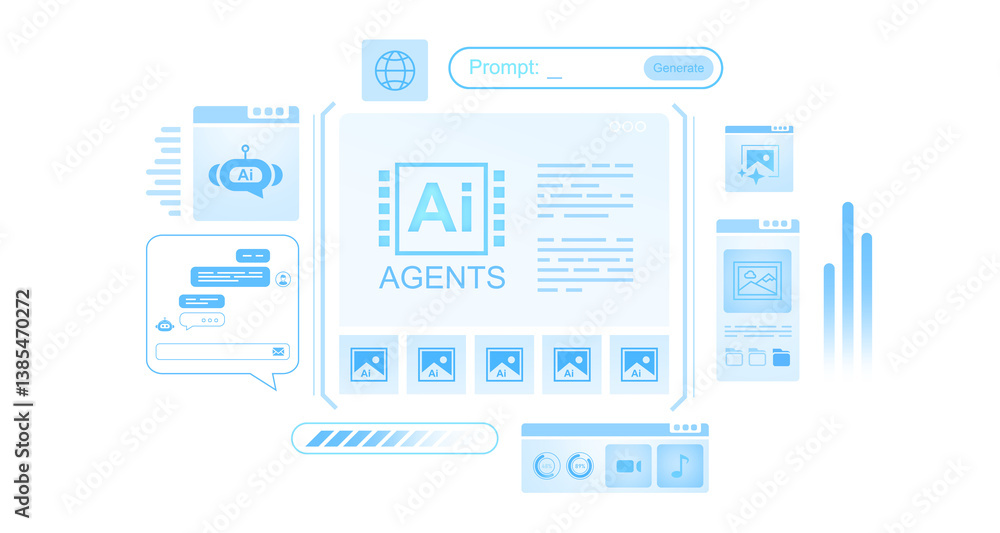 Poster futuristic ai agents interface layout with chatbot, media icons, and prompt generator in soft blue s