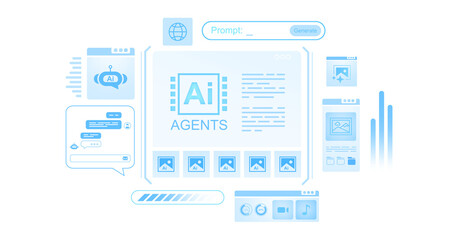 Futuristic AI agents interface layout with chatbot, media icons, and prompt generator in soft blue style on clean isolated white background. Template concept