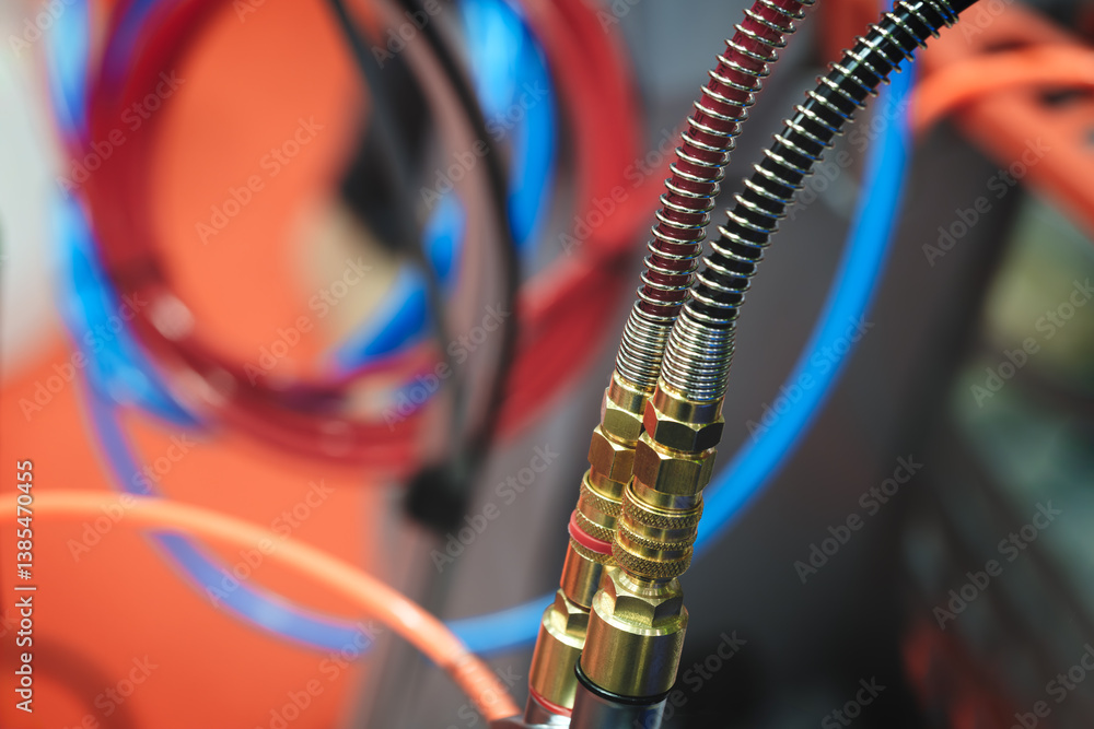 Poster A bunch of wires are tangled together, with one of them being red and blue. The wires are connected to a device, and the device is surrounded by a red background. Scene is chaotic and disorganized