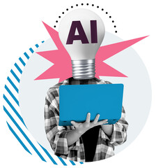 Person with a lightbulb head labeled AI holding a blue laptop, surreal collage style, white...