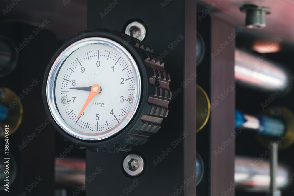 Poster black dial measuring counters with white hands and numbers on them on an industrial machine or production conveyor