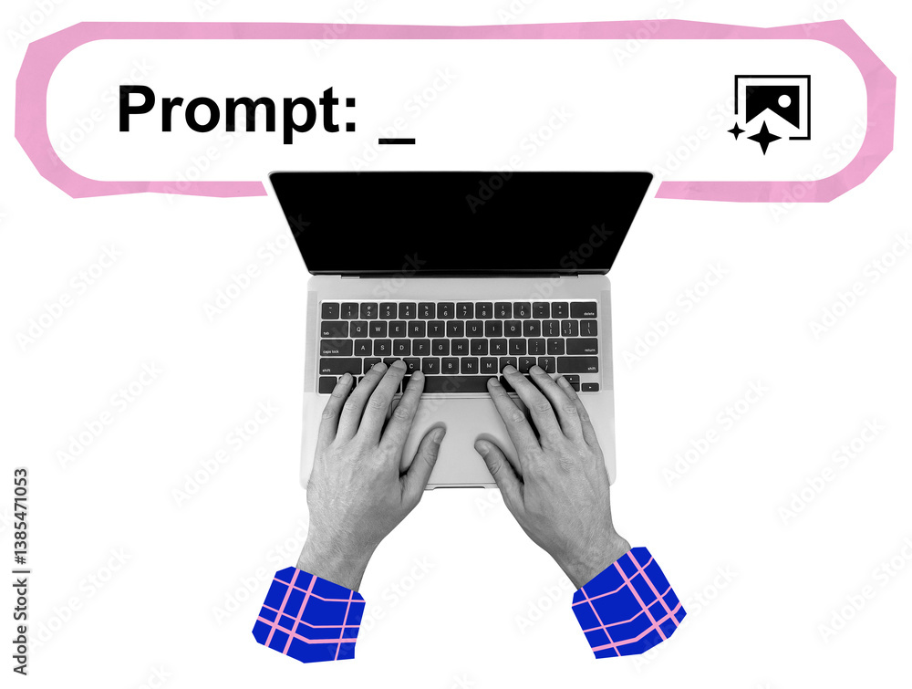 Fototapete hands typing on a laptop keyboard under a prompt bar with an image icon, collage graphic style, isol
