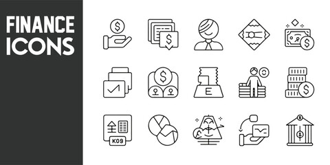 Financial Icon Set Representing Banking, Investment, and Market Symbols in Vector Format