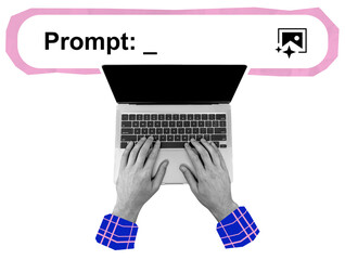 Hands typing on a laptop keyboard under a prompt bar with an image icon, collage graphic style,...