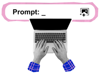 Hands typing on a laptop keyboard under a prompt bar with an image icon, collage graphic style, isolated on white background, concept of AI content creation