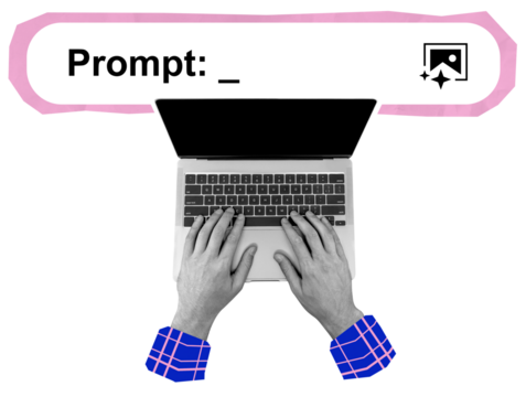 Hands typing on a laptop keyboard under a prompt bar with an image icon, collage graphic style, isolated on white background, concept of AI content creation