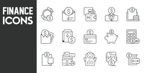 Financial Icon Set Representing Investments, Banking, and Market Symbols in Vector Style