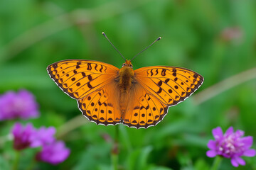 Obraz premium Vivid orange butterfly with black markings resting on green foliage among purple flowers
