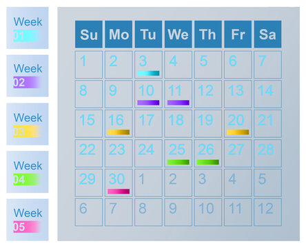 Monthly calendar layout with gradient color-coded weekly highlights, minimalistic graphic style, isolated on a white background, concept of schedule planning - Powered by Adobe