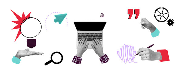 Hands using laptop, drawing, pointing with digital elements like gears, lightbulb, arrow, magnifier...