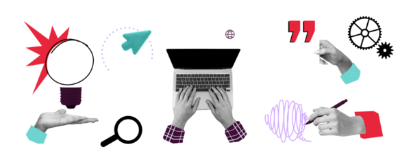 Hands using laptop, drawing, pointing with digital elements like gears, lightbulb, arrow, magnifier in modern collage style on white background