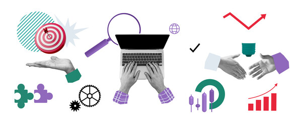 Hands typing on laptop surrounded by business icons like handshake, target, graphs, and magnifier in modern collage style on white background showing teamwork