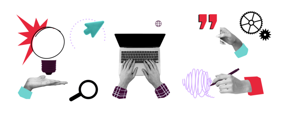 Hands using laptop, drawing, pointing with digital elements like gears, lightbulb, arrow, magnifier in modern collage style on white background - Powered by Adobe