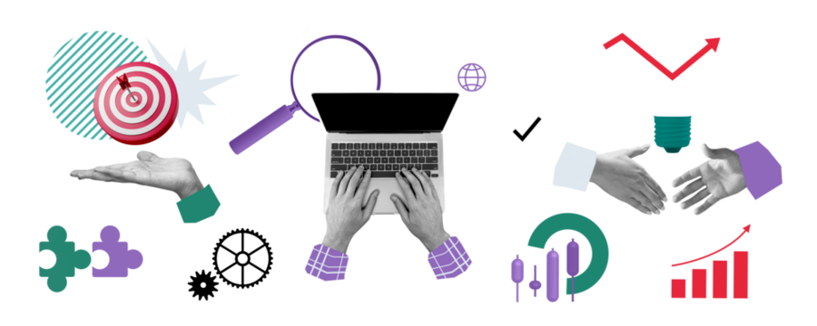 Hands typing on laptop surrounded by business icons like handshake, target, graphs, and magnifier in modern collage style on white background showing teamwork