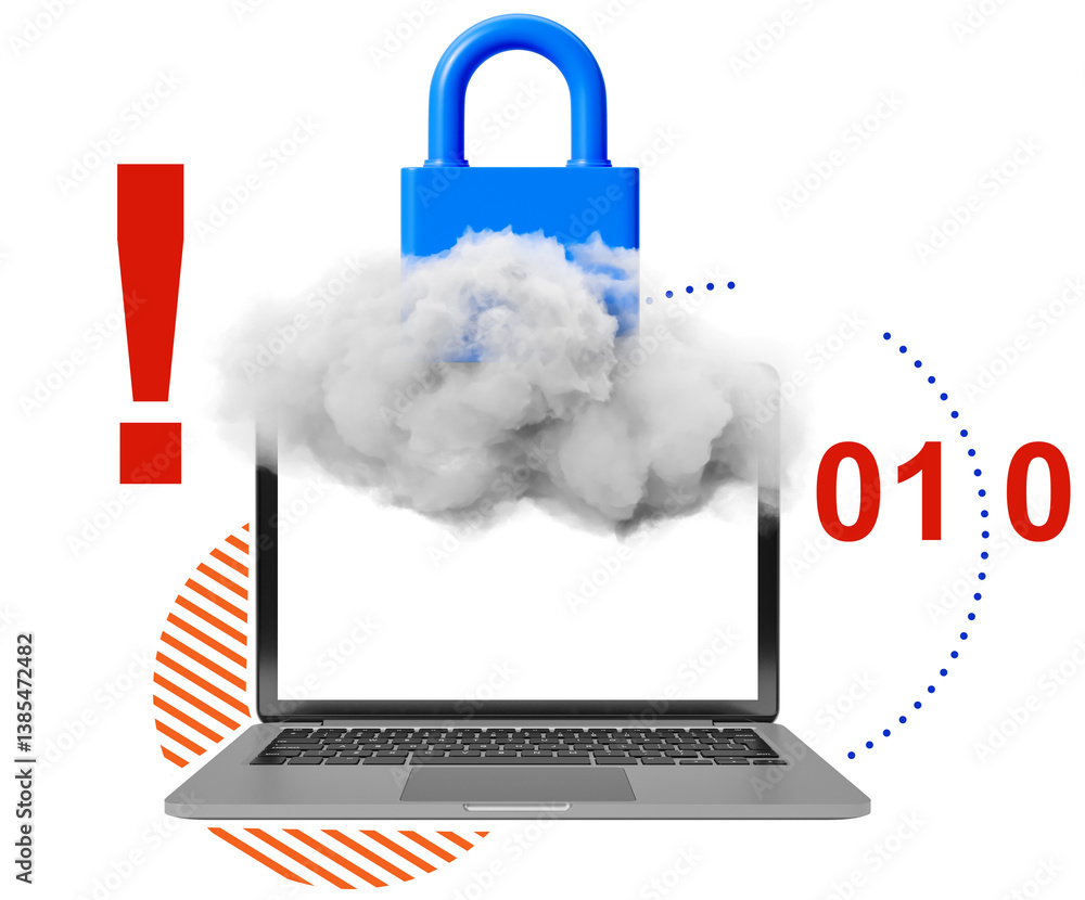 Poster blue padlock appearing from cloud over laptop with binary code and symbols, isolated on white backgr