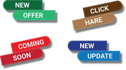 Colorful labels with stitched borders showing new offer, coming soon, click here and update text	