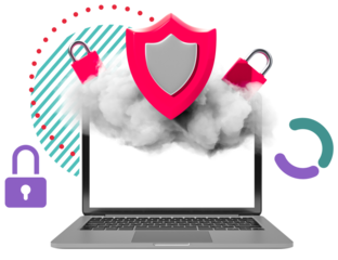 Laptop with cloud, red shield and padlocks symbolizing data protection and internet security, colorful abstract elements, isolated on white background
