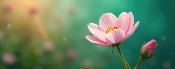 A delicate flower against a bright background, greenery, flower