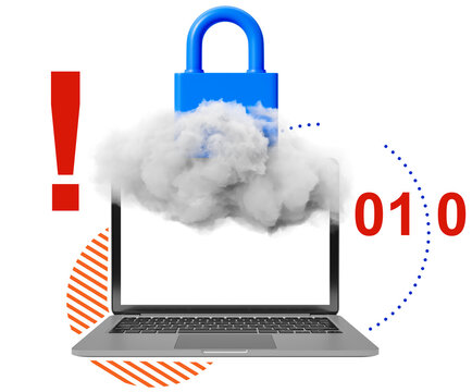Blue padlock appearing from cloud over laptop with binary code and symbols, isolated on white background. Concept of cloud security and data protection