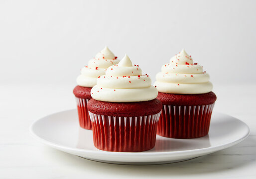 Three Red Velvet Cupcakes with Cream Cheese Frosting on White Plate