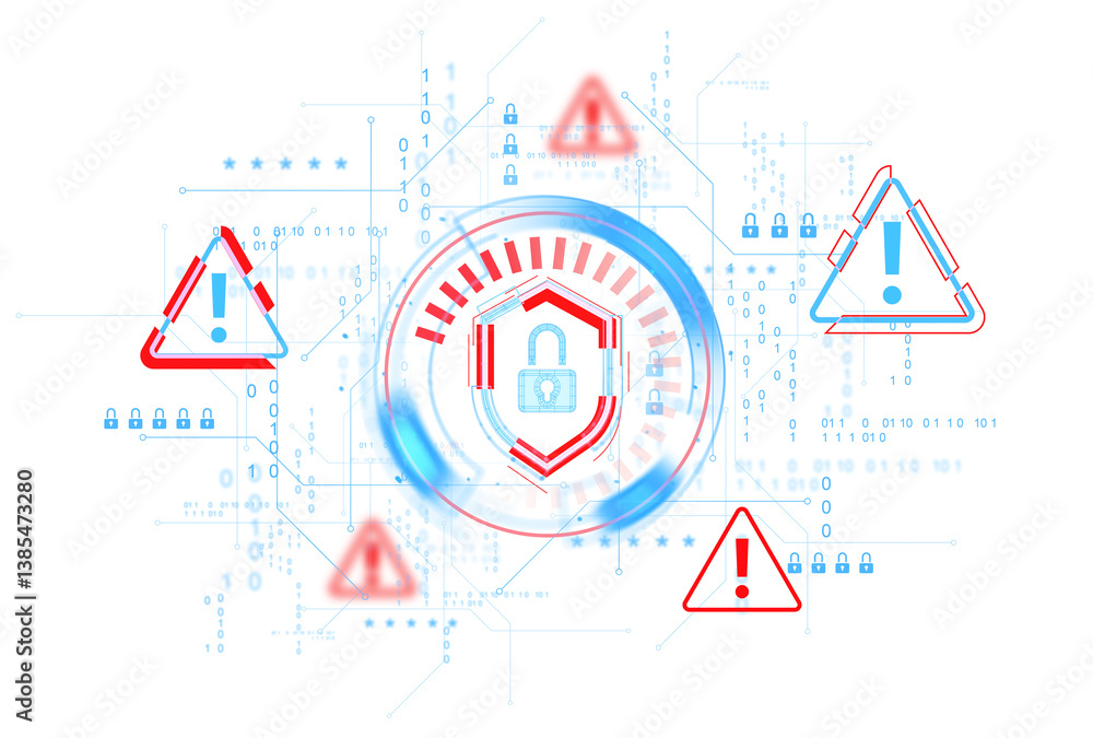 Poster cybersecurity alert illustration showing a digital padlock shield with warning signs, binary digits,