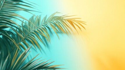 Obraz premium Refreshing tropical gradient background with palm leaves transitioning from aqua to yellow