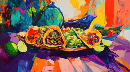 A vibrant taco platter on a wooden table with a lively background. Featuring celebration and flavor