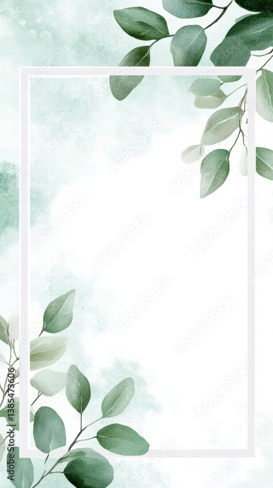 Poster emerald serenity: an artistic botanical watercolor, displaying delicate leaves of eucalyptus within 