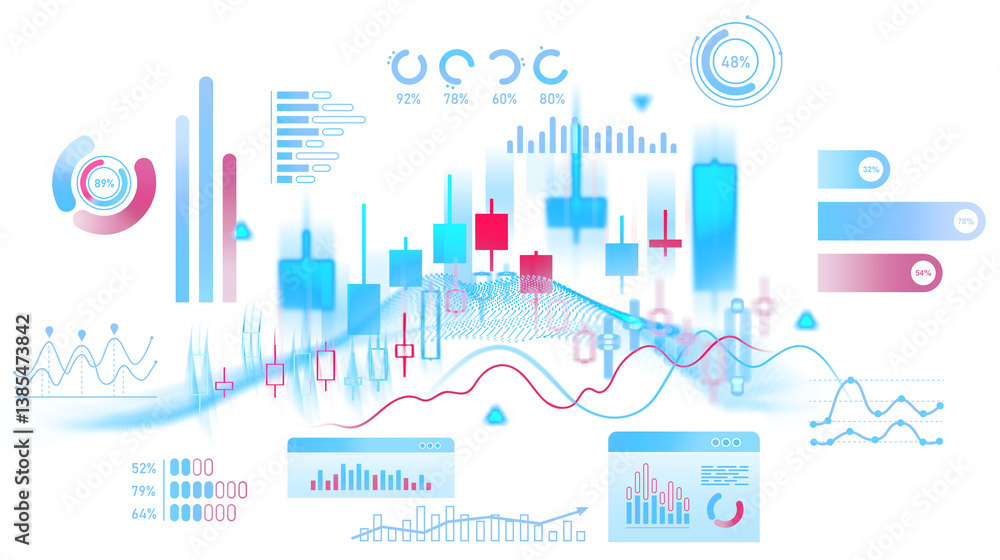 Poster financial chart elements, trading graphs, data visualization symbols in a modern abstract style on w