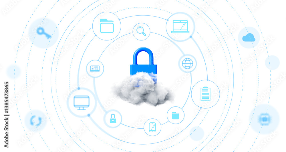 Poster blue padlock with cloud symbolizing cloud security, surrounded by digital icons in circular layout s